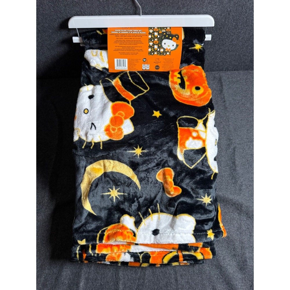Hello Kitty Halloween Shaped Pillow and Plush Throw Set Black Orange Sanrio
